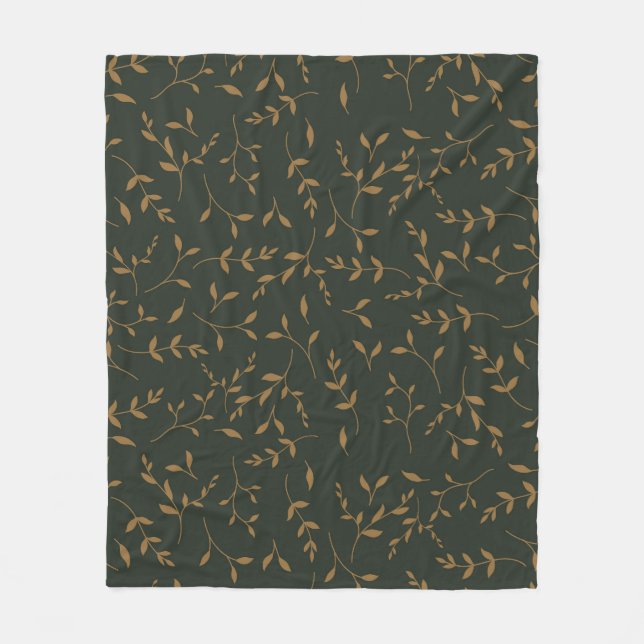 Moody Gold Leaf Forest Green Pattern Fleece Blanket (Front)