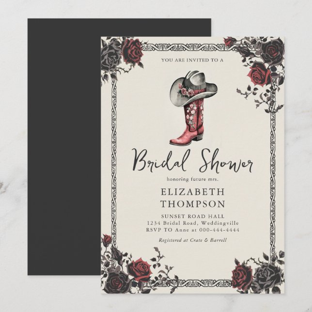 Moody Goth Western Red Black Roses Bridal Shower Invitation (Front/Back)