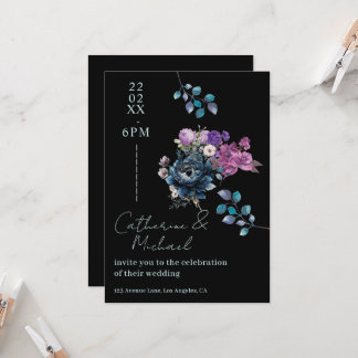 Moody Gothic Black and Midnight Blue Floral Weddin Invitation