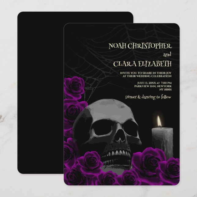 Moody Gothic Black Purple Roses Halloween Skull Invitation (Front/Back)