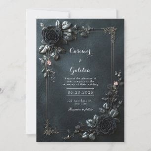 Moody Gothic Black Rose Floral Frame Wedding Invitation