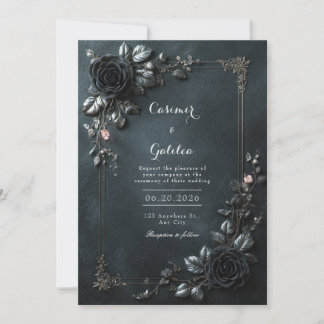 Moody Gothic Black Rose Floral Frame Wedding Invitation