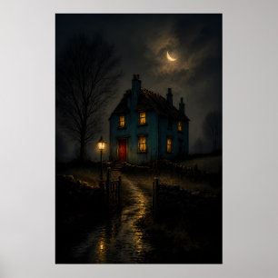 Moody Gothic Cottage Nightscape Poster