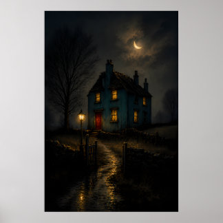 Moody Gothic Cottage Nightscape Poster