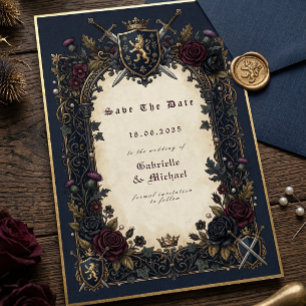 Moody Gothic Crest Navy Burgundy Gold Mediaeval  Save The Date