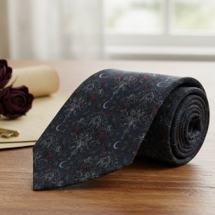 Moody Gothic Crow and Crescent Moon Damask Tie