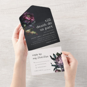 Moody Gothic Dark Purple Black Peony Wedding All In One Invitation