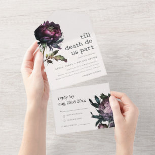 Moody Gothic Dark Purple Black Peony Wedding All In One Invitation