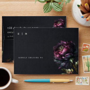 Moody Gothic Dark Purple Black Peony Wedding Envelope