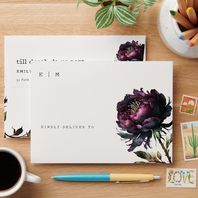 Moody Gothic Dark Purple Black Peony Wedding Envelope (Desk)