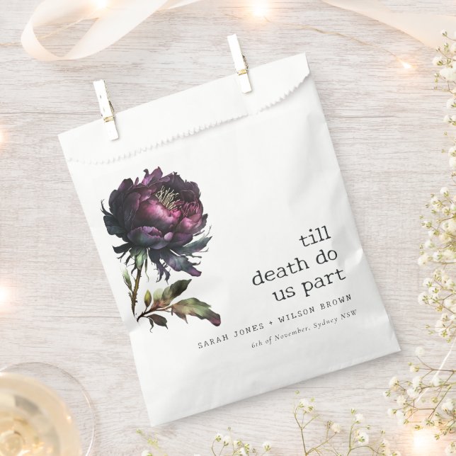 Moody Gothic Dark Purple Black Peony Wedding Favour Bags (Clipped)