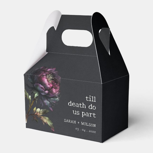 Moody Gothic Dark Purple Black Peony Wedding Favour Box (Front Side)
