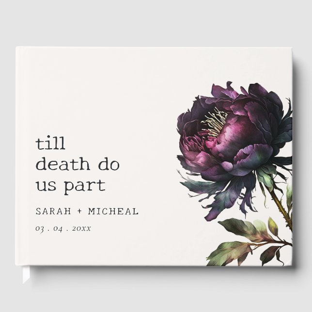 Moody Gothic Dark Purple Black Peony Wedding Guest Book (Front)