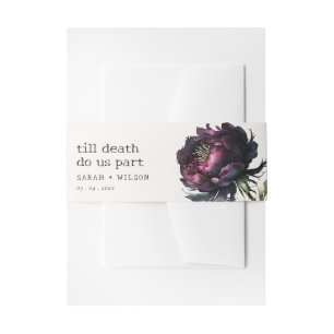 Moody Gothic Dark Purple Black Peony Wedding Invitation Belly Band