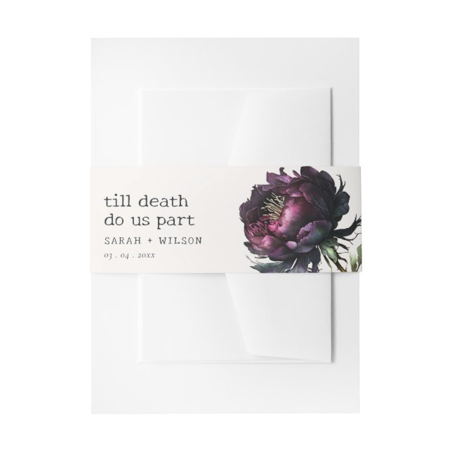 Moody Gothic Dark Purple Black Peony Wedding Invitation Belly Band (Front Example)