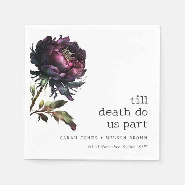 Moody Gothic Dark Purple Black Peony Wedding Napkin (Front)