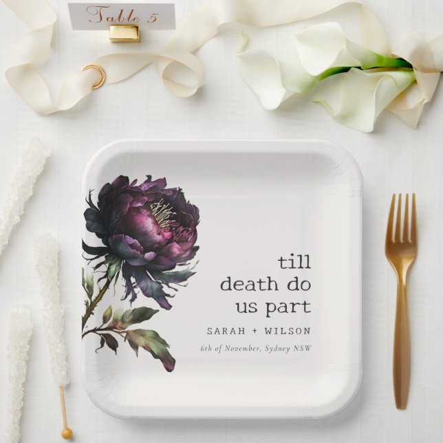 Moody Gothic Dark Purple Black Peony Wedding Paper Plate (Wedding)