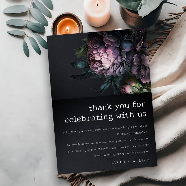 Moody Gothic Dark Purple Black Peony Wedding Thank You Card (Creator Uploaded)