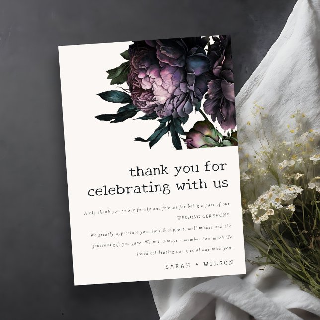 Moody Gothic Dark Purple Black Peony Wedding Thank You Card (Creator Uploaded)