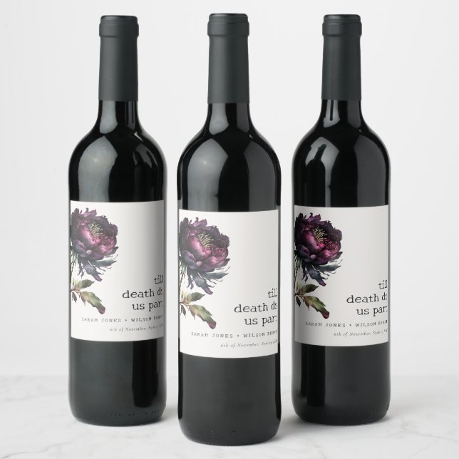 Moody Gothic Dark Purple Black Peony Wedding Wine Label (Bottles)
