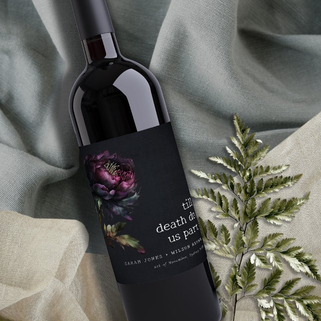 Moody Gothic Dark Purple Black Peony Wedding Wine Label (Creator Uploaded)