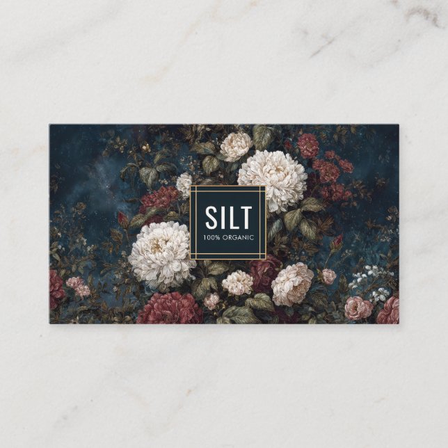 Moody Gothic Floral Dark Velvet Peony Gold Frame Business Card (Front)