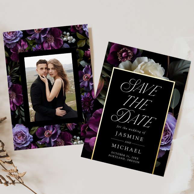 Moody Gothic Floral Photo Foil Save the Date Card (Creator Uploaded)