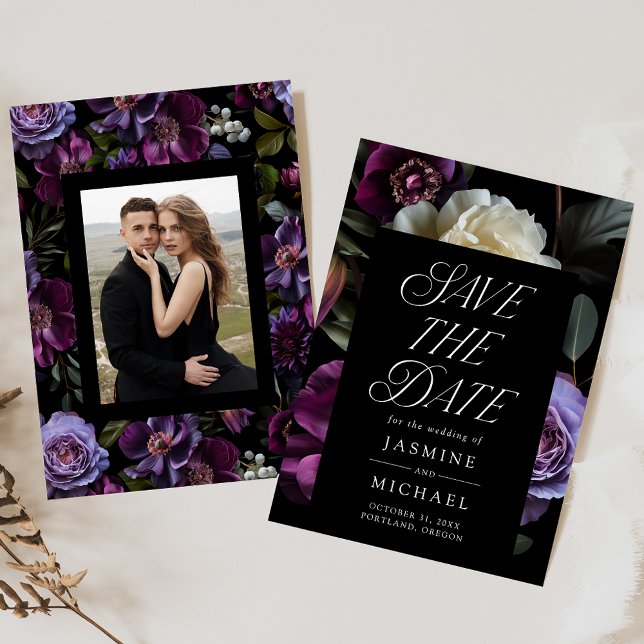 Moody Gothic Floral Photo Wedding Save The Date (Creator Uploaded)
