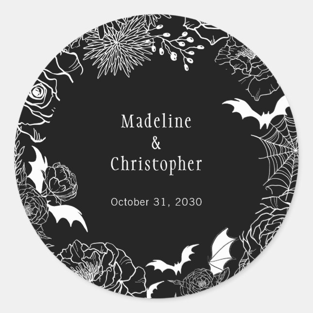 Moody Gothic Floral Wedding Black Classic Round Sticker (Front)