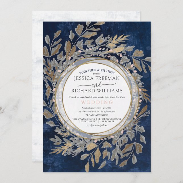Moody Gothic Floral Wreath,  Navy and blush Invitation (Front/Back)