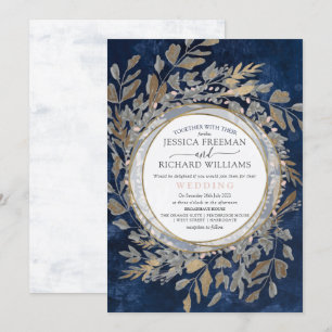 Moody Gothic Floral Wreath,  Navy and blush Invitation