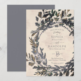 Moody Gothic Floral Wreath steel grey gold Invitation