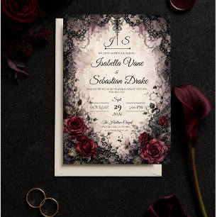 Moody Gothic Lace Rose Wedding Invitation