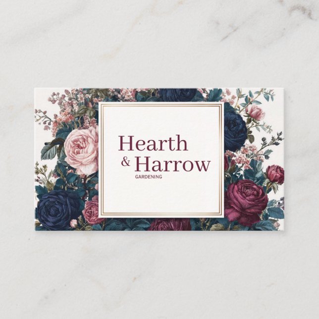 Moody Gothic Navy Burgundy Pink Rose Floral Frame Business Card (Front)