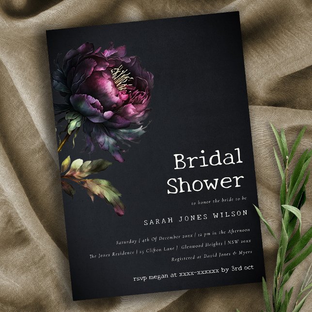 Moody Gothic Purple Black Peony Bridal Shower Invitation (Creator Uploaded)