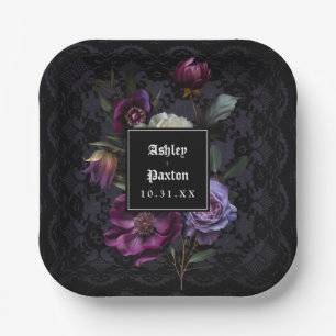 Moody Gothic Purple Floral Bouquet on Black Lace Paper Plate