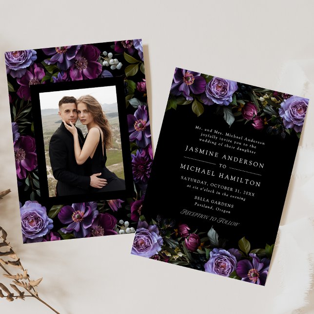 Moody Gothic Purple Floral Photo Wedding Invitation (Creator Uploaded)
