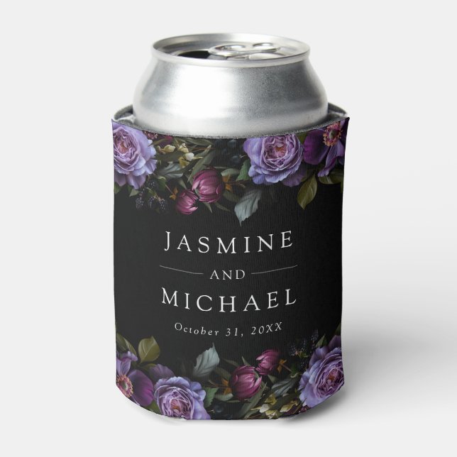 Moody Gothic Purple Floral Wedding Can Cooler (Can Front)