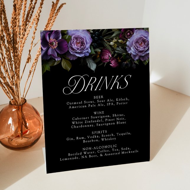 Moody Gothic Purple Floral Wedding Drink Menu Pedestal Sign (Creator Uploaded)