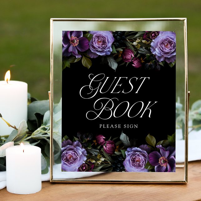 Moody Gothic Purple Floral Wedding Guest Book Sign (Creator Uploaded)