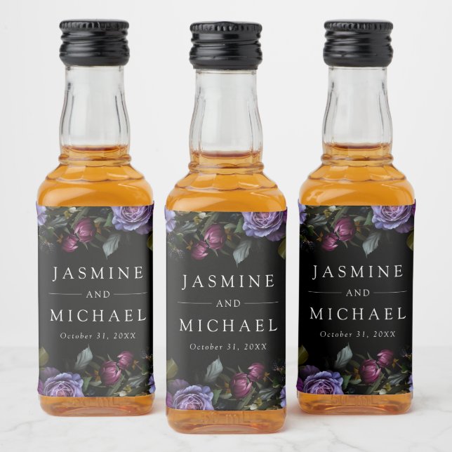 Moody Gothic Purple Floral Wedding Liquor Bottle Label (Bottles)