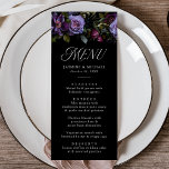 Moody Gothic Purple Floral Wedding Menu<br><div class="desc">Elegant moody floral wedding menu featuring a top border of purple and burgundy flowers, lush green foliage, and dark berries. The purple floral wedding menu is complimented by elegant, modern typography. Personalise the front of the gothic floral wedding menu with your names, wedding date, and menu options. The back of...</div>