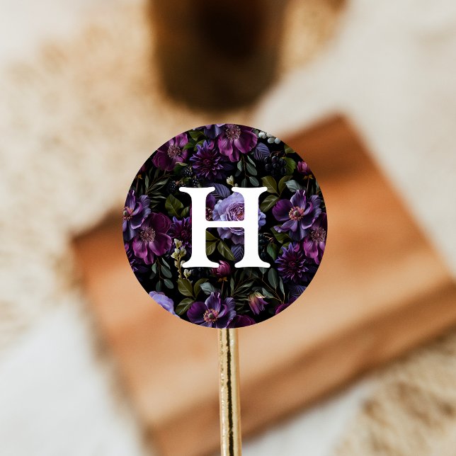 Moody Gothic Purple Floral Wedding Monogram Classic Round Sticker (Creator Uploaded)