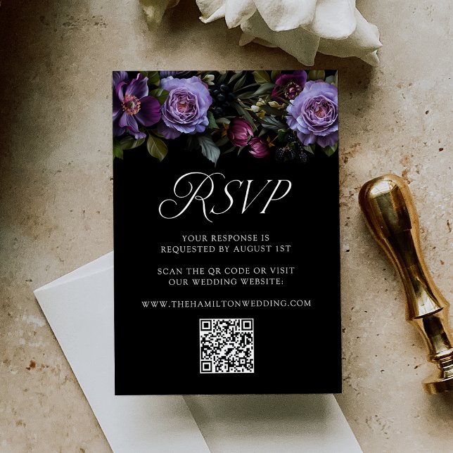 Moody Gothic Purple Floral Wedding QR Code RSVP Card (Creator Uploaded)