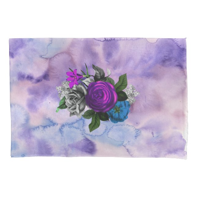 Moody Gothic Purple Watercolor Roses Pillowcase (Front)