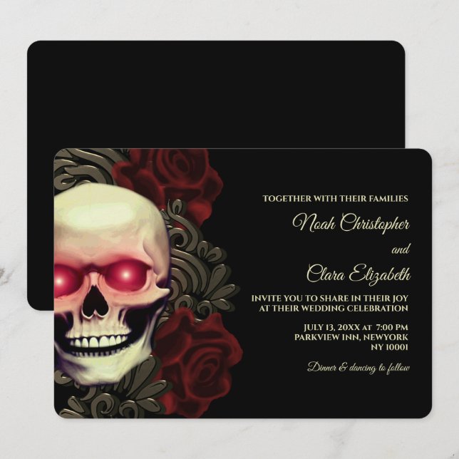 Moody Gothic Skull Floral Halloween metallic Invitation (Front/Back)