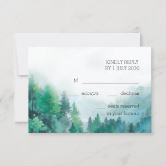 Moody Green and White Watercolor Forest Wedding RSVP Card
