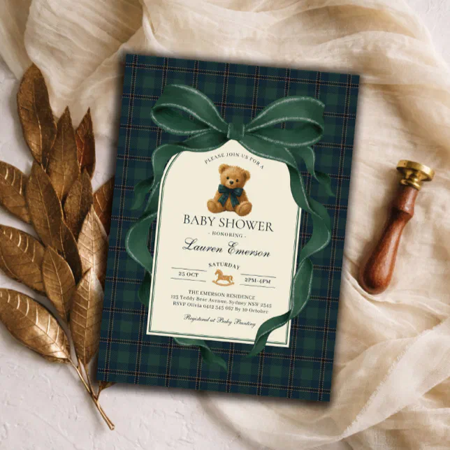 Moody Green Plaid Polo Teddy Bear Boy Baby Shower Invitation | Zazzle