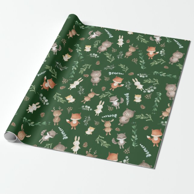 Moody Green Woodland Forest Animals Baby Birthday Wrapping Paper (Unrolled)