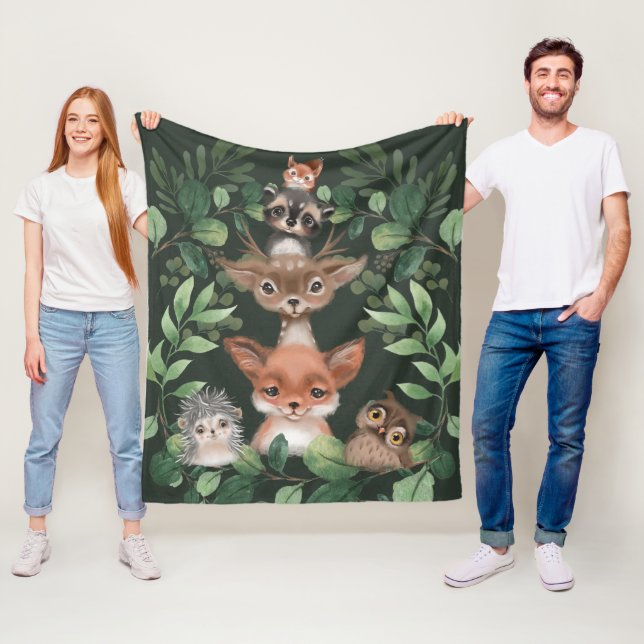 Moody Green Woodland Forest Animals Baby Boy  Fleece Blanket (In Situ)